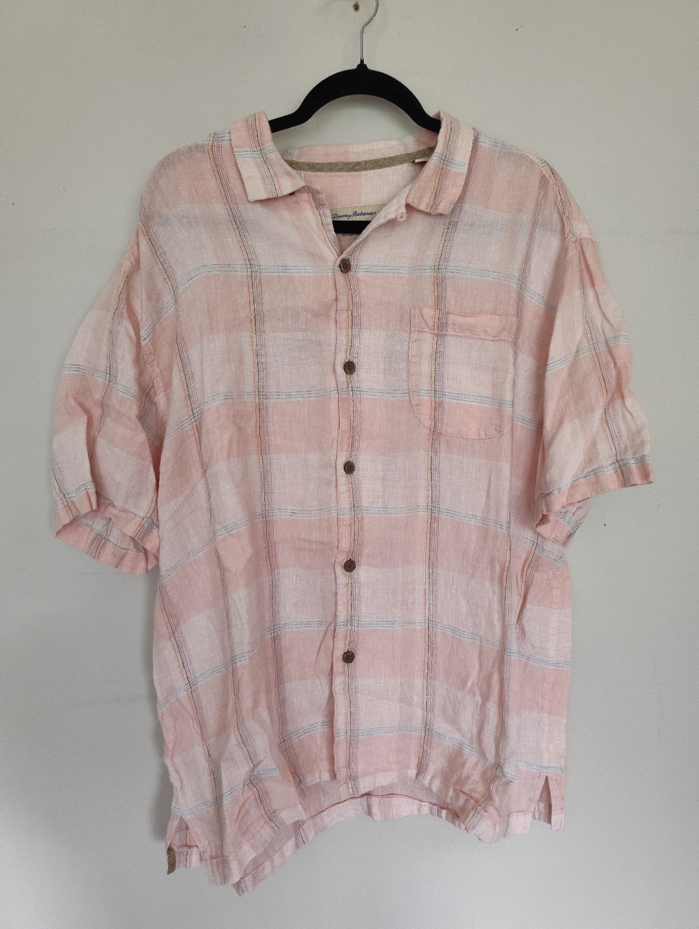 Tommy Bahama Button Up Shirt Mens XL Linen Plaid Pink Blue White
